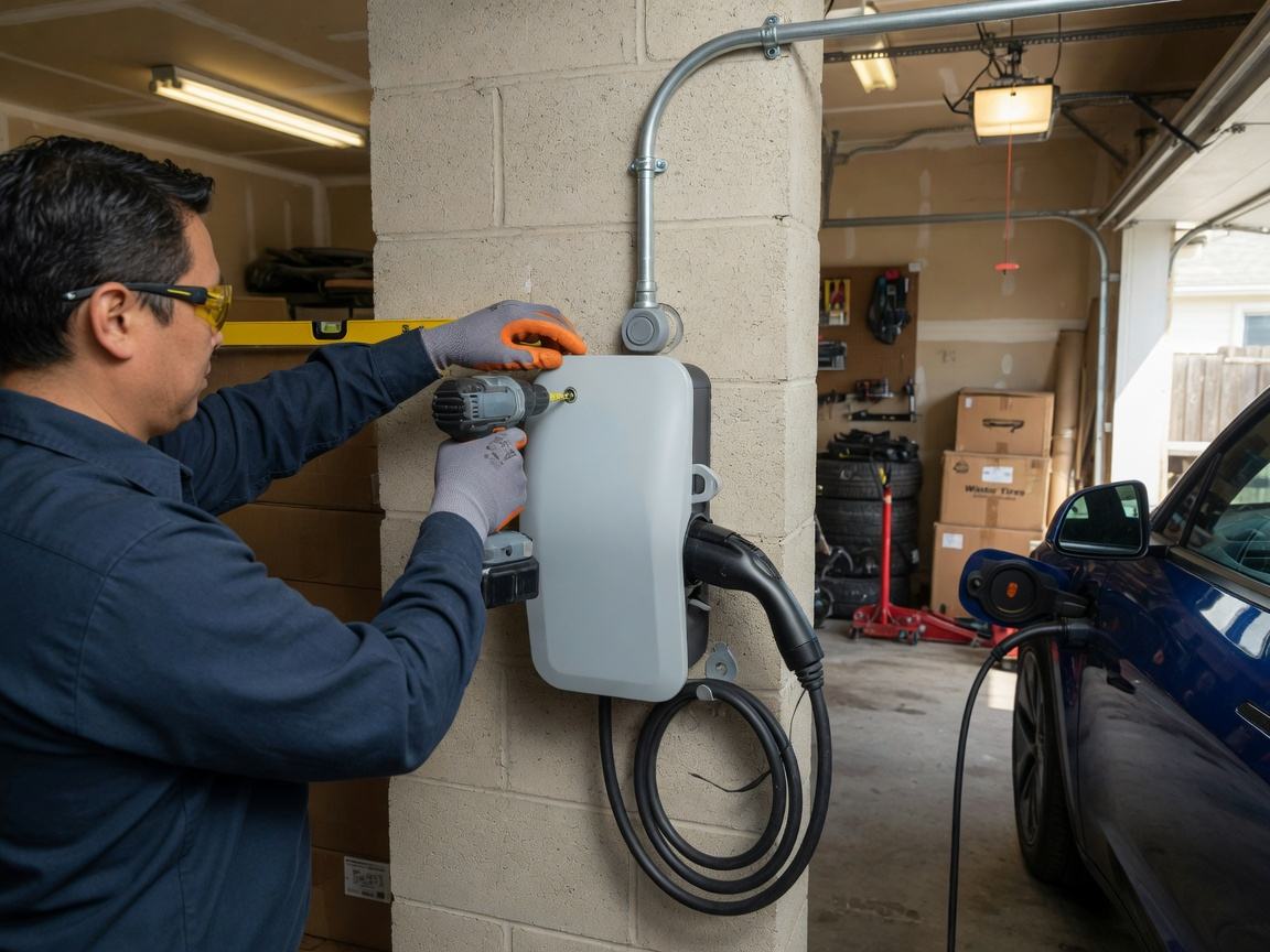 Level 2 EV charger installed in a residential garage
